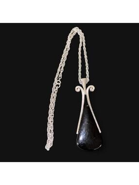 2-Vintage Avon Art Deco-Inspired Black Lucite Amulet Pendant Necklace, Silver